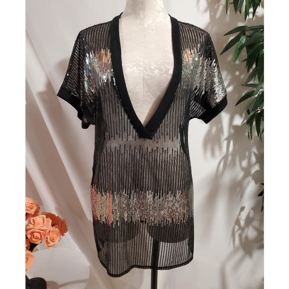 INC International Concepts Sheer Sequin Sparkle Deep V-Neck Tunic Top Size L